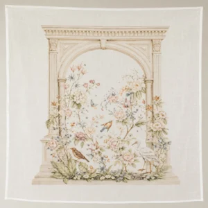 Botanical print: a lush floral archway with peonies, roses and delicate birds