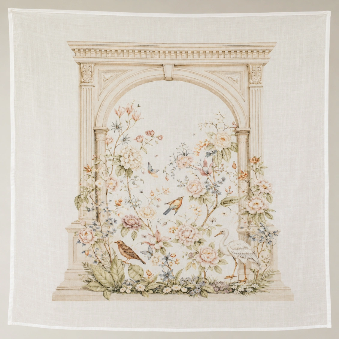 Botanical print: a lush floral archway with peonies, roses and delicate birds