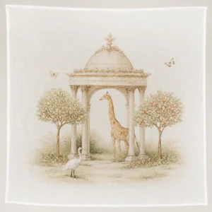 Giraffe print: a giraffe beneath a garden pavilion with an egret and butterflies