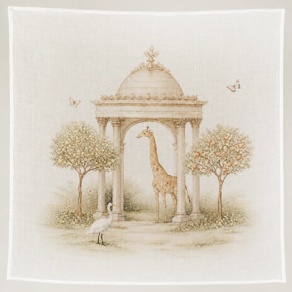 Giraffe print: a giraffe beneath a garden pavilion with an egret and butterflies