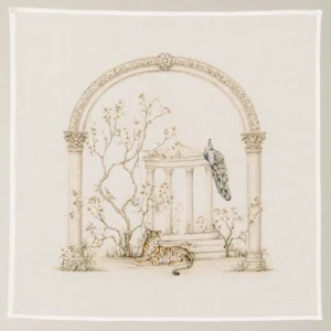 Jungle print: a tiger and peacock beneath a flowering stone archway