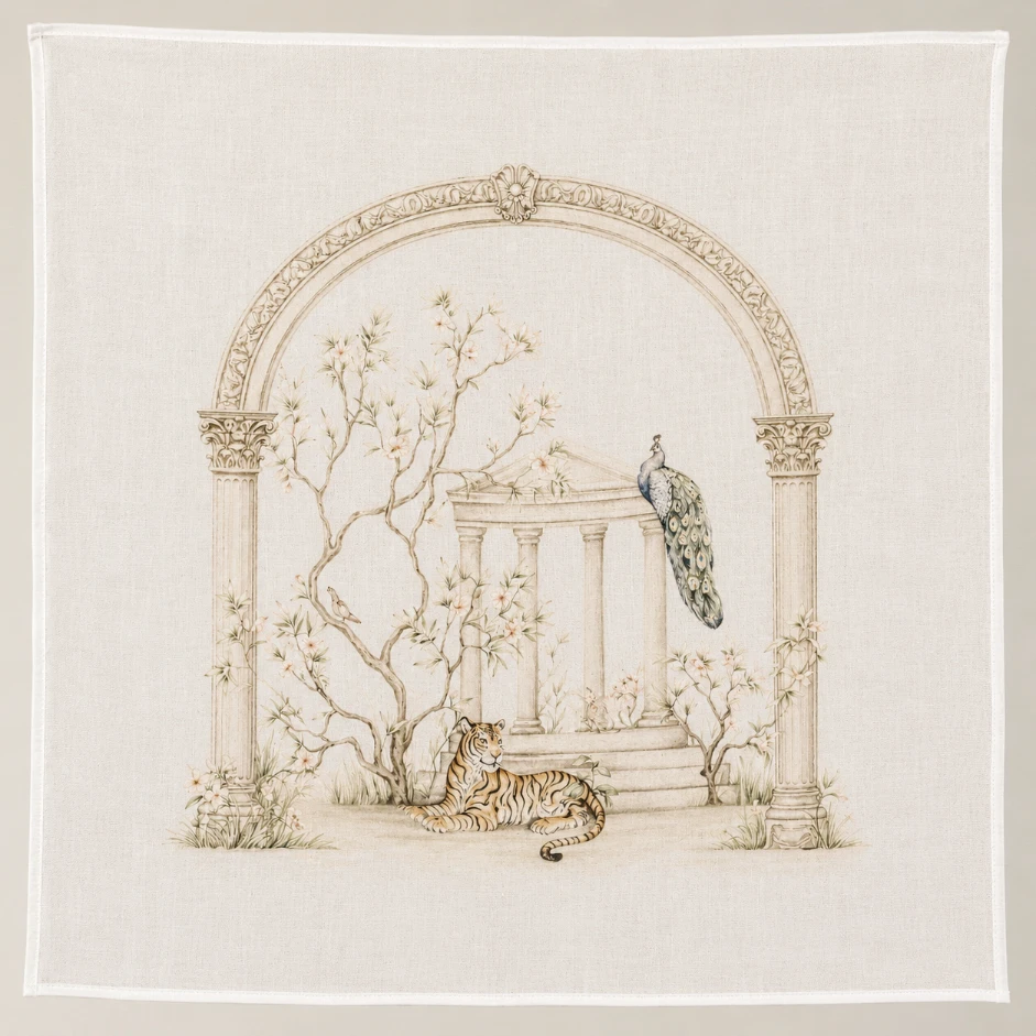 Jungle print: a tiger and peacock beneath a flowering stone archway