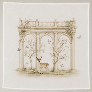 Woodlands print: a gentle deer beneath a blossom-draped garden folly with songbirds and butterflies