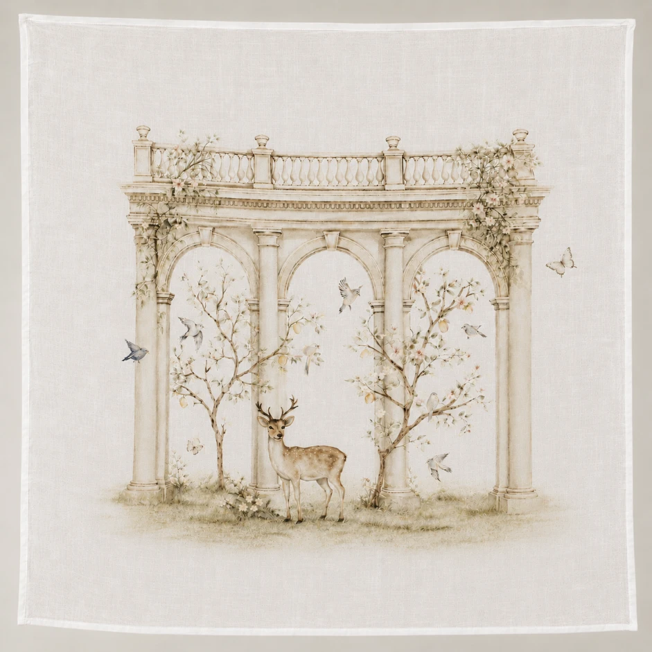 Woodlands print: a gentle deer beneath a blossom-draped garden folly with songbirds and butterflies