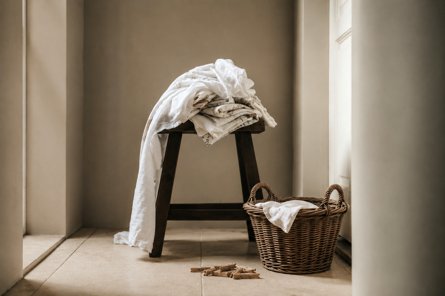 Folded Fenne baby wraps resting on a stool beside a woven basket