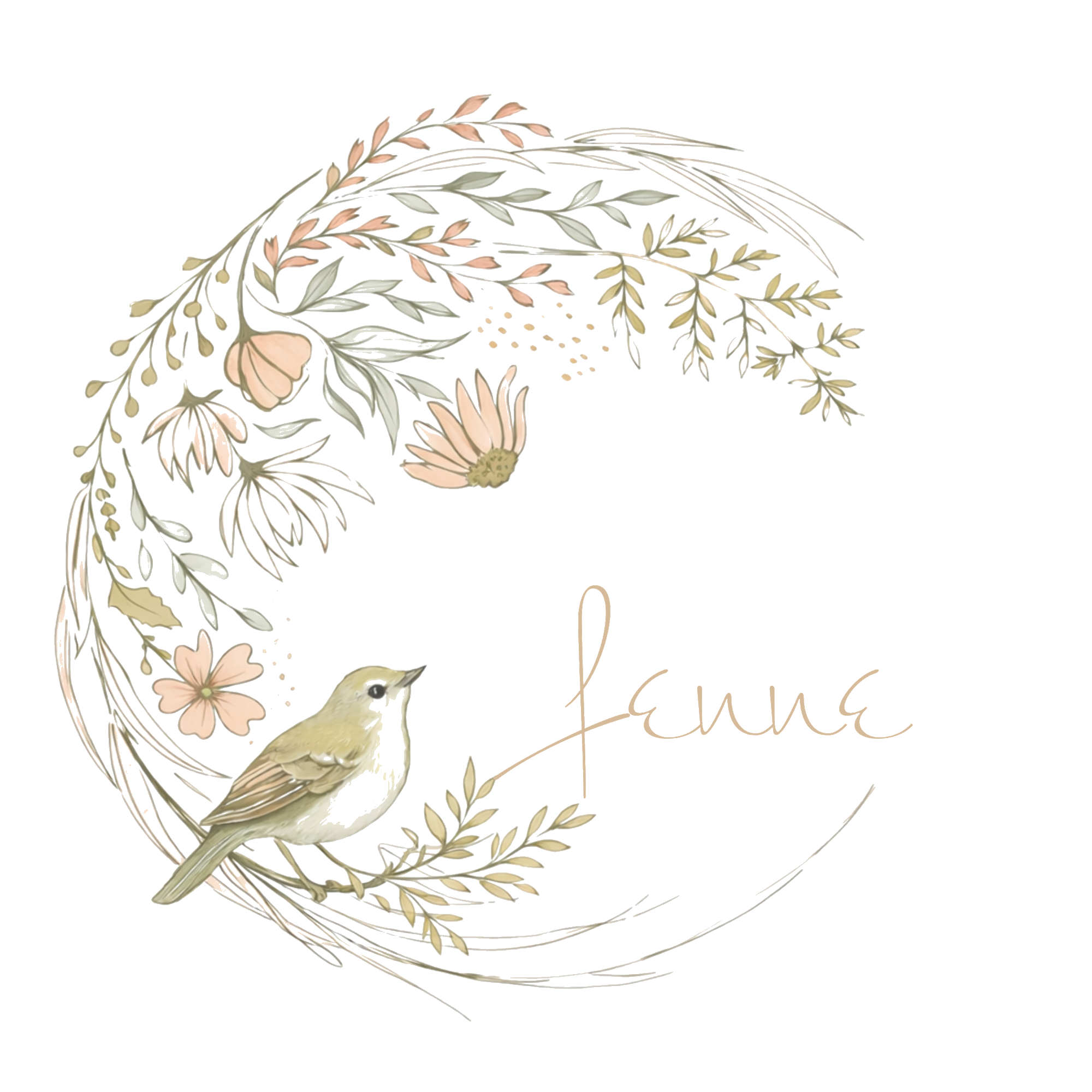 Fenne wreath emblem with a wren illustration and script wordmark