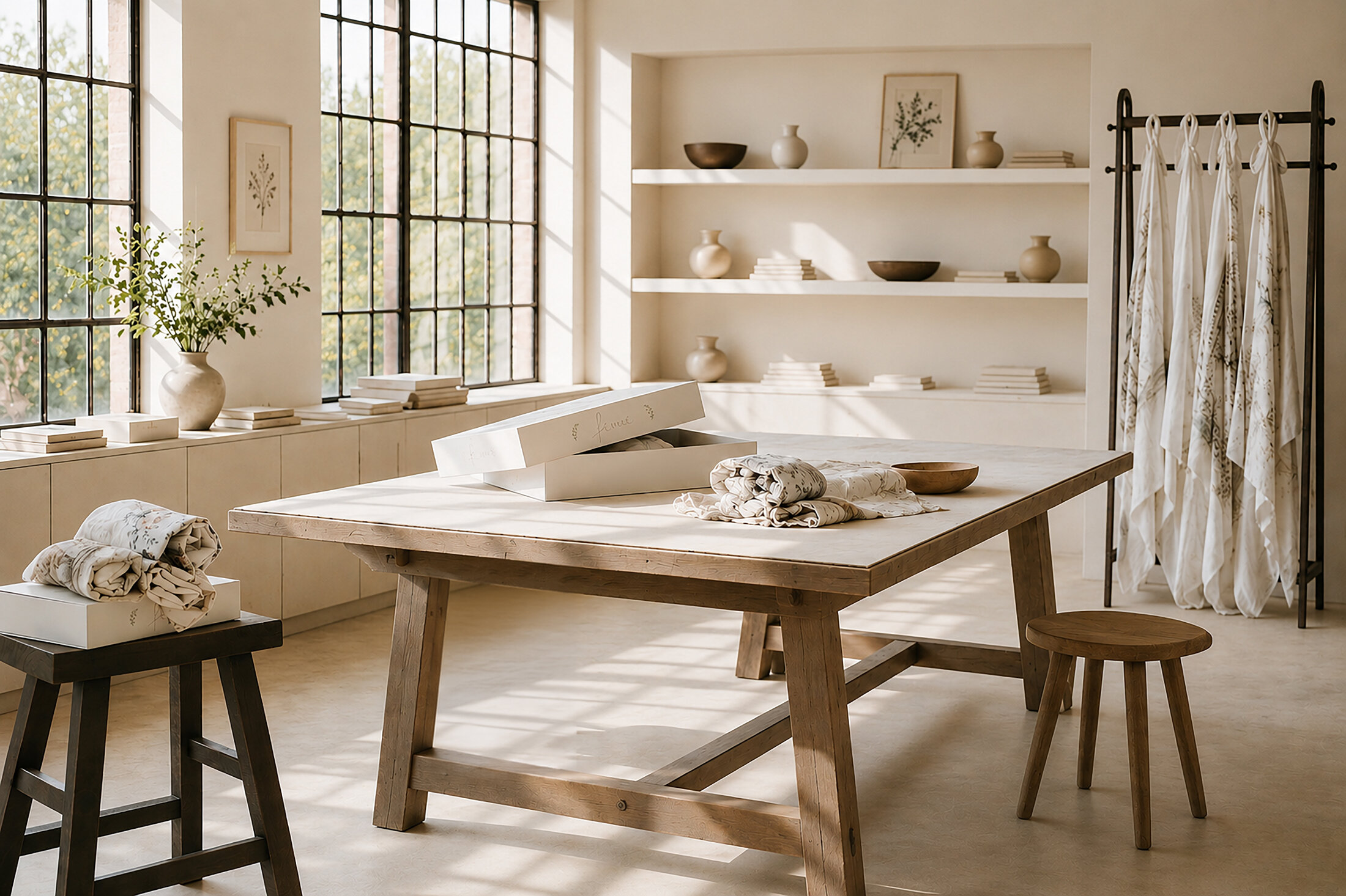 The Fenne home studio with folded wraps, ceramics and a wooden work table